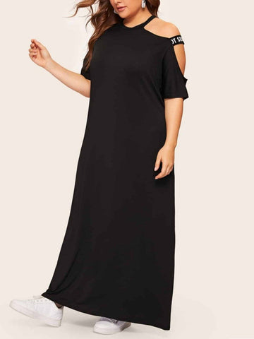 Plus Size Off Shoulder Letter Print Black Maxi woman Dress
