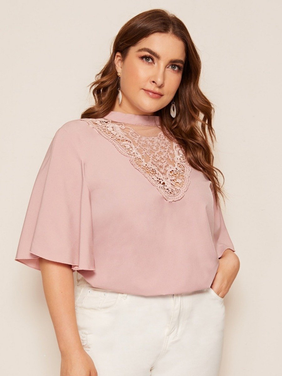 Plus Size Pink top ruffle sleeves lace Tops