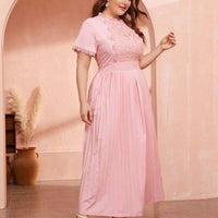 Plus Size Lace Panel Tight Waist Pink Pleated woman Dress