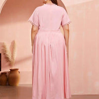 Plus Size Lace Panel Tight Waist Pink Pleated woman Dress