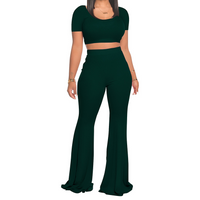 Women's Solid Color Square Neck Short Sleeve Top High Waist Wrap Hip Flared Pants Set