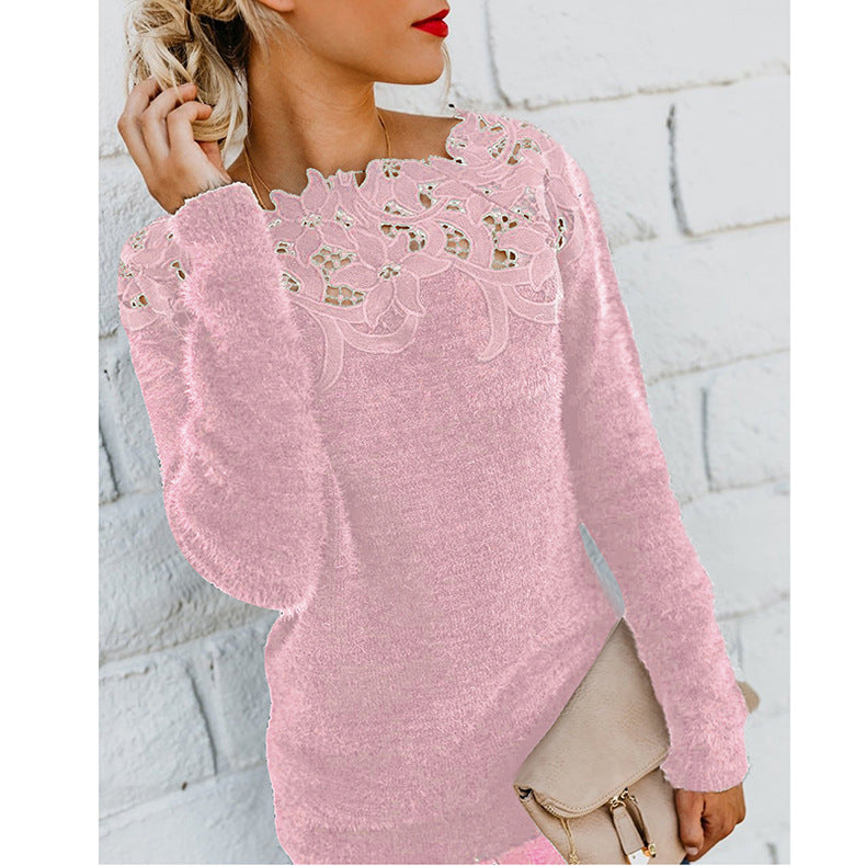 Women's Solid Lace Stitched Long Sleeved Top Bottom Shirt