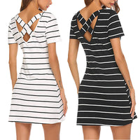 Women's Summer Black and White Stripe Cross Backless Crew Neck Loose Short Sleeve Dress