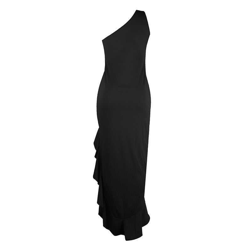 Women's Solid Color High Split Ruffle Hem Evening Dress Dress