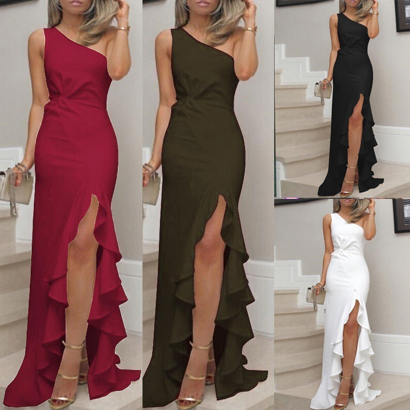 Women's Solid Color High Split Ruffle Hem Evening Dress Dress
