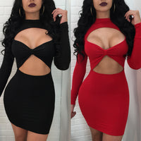 Night Dress Women's Solid Color Sexy Hollow Out Hip Wrap Long Sleeve Dress