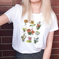 Summer Women's Solid Color Plant Flower Print Short Sleeve T-Shirt Top