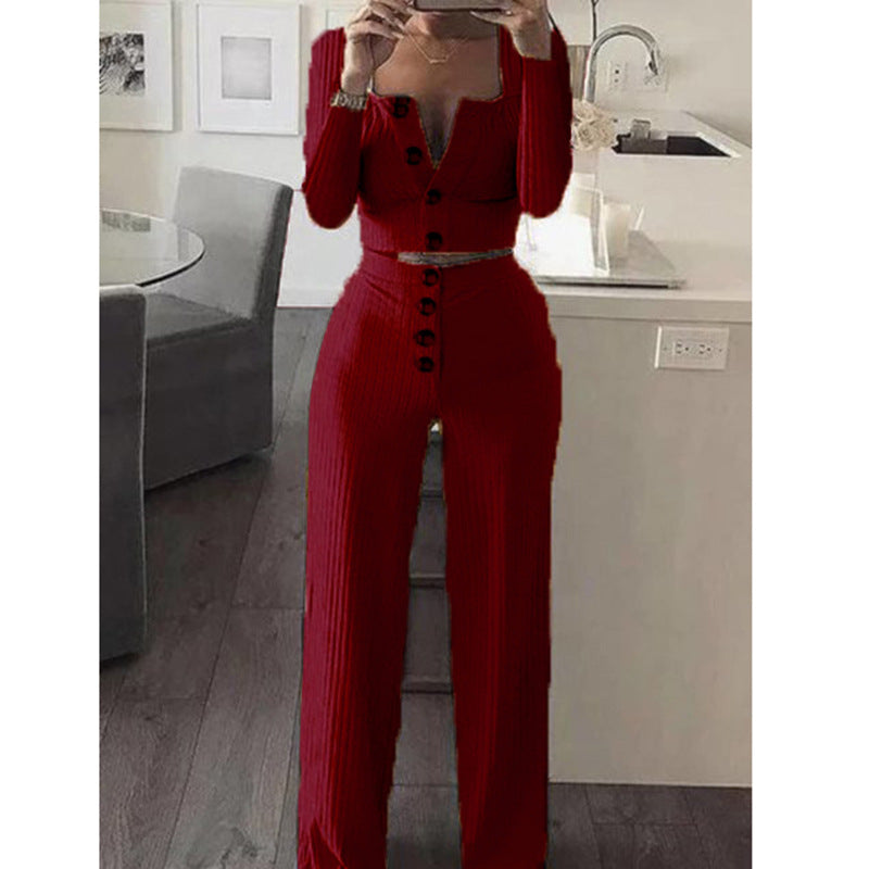 Women‘’s Solid Color Long Sleeve Square Collar Button Casual Suit