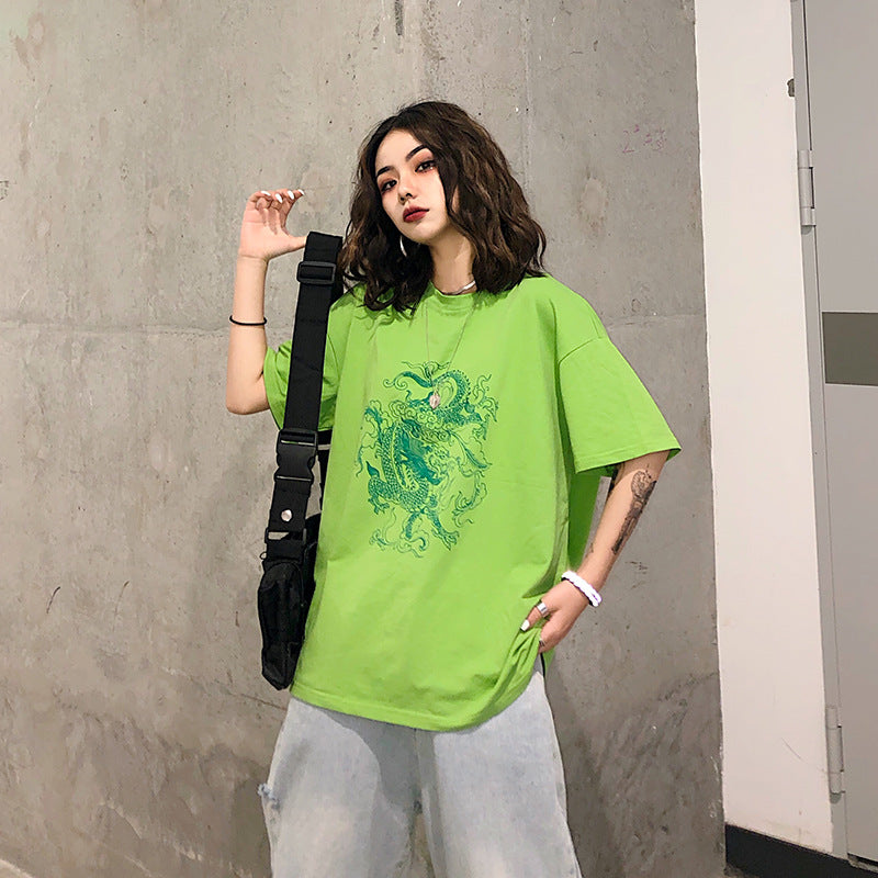 Women's Solid Dragon Short Sleeve Printed T-Shirt Top