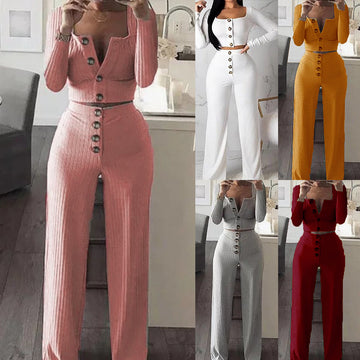 Women‘’s Solid Color Long Sleeve Square Collar Button Casual Suit