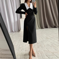 Women's Fashion Long-sleeved V-neck Slim Solid Color Dress