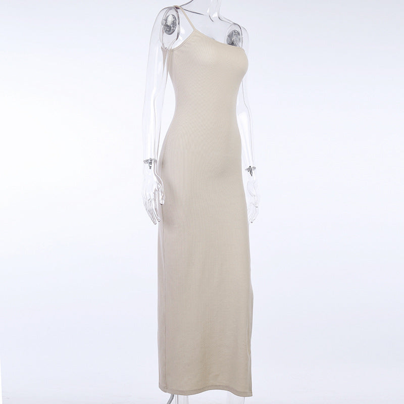 Solid Color Single-shoulder Sleeveless Halter Dress Womens