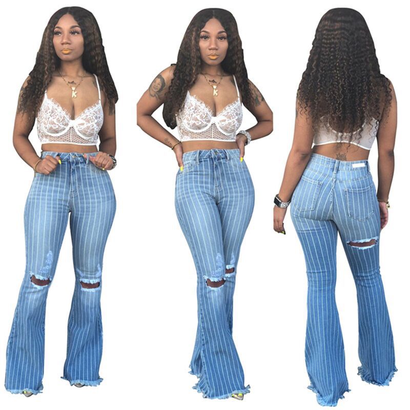 Fashion Women's Striped High Waisted Full Length Hollow Out Jeans