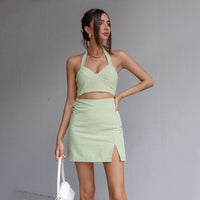 Women's Green Plaid Printed Hanging Neck Camisole with Small Split Skirt Set