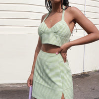 Women's Green Plaid Printed Hanging Neck Camisole with Small Split Skirt Set