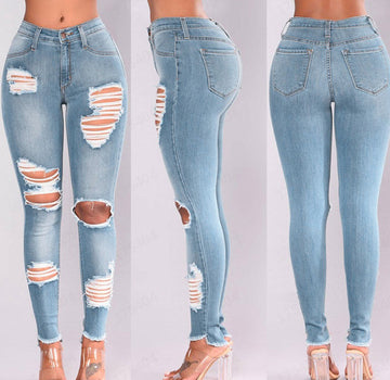 High-waisted Buttocks Stretchy Ripped Pencil Jeans Women Plus Size