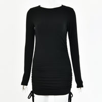 Double Side Drawstring Long-sleeved Round Neck Dress Women Autumn and Winter Dress