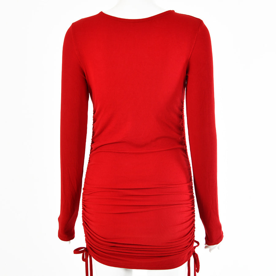 Double Side Drawstring Long-sleeved Round Neck Dress Women Autumn and Winter Dress
