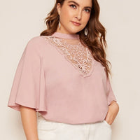 Plus Size Pink top ruffle sleeves lace Tops