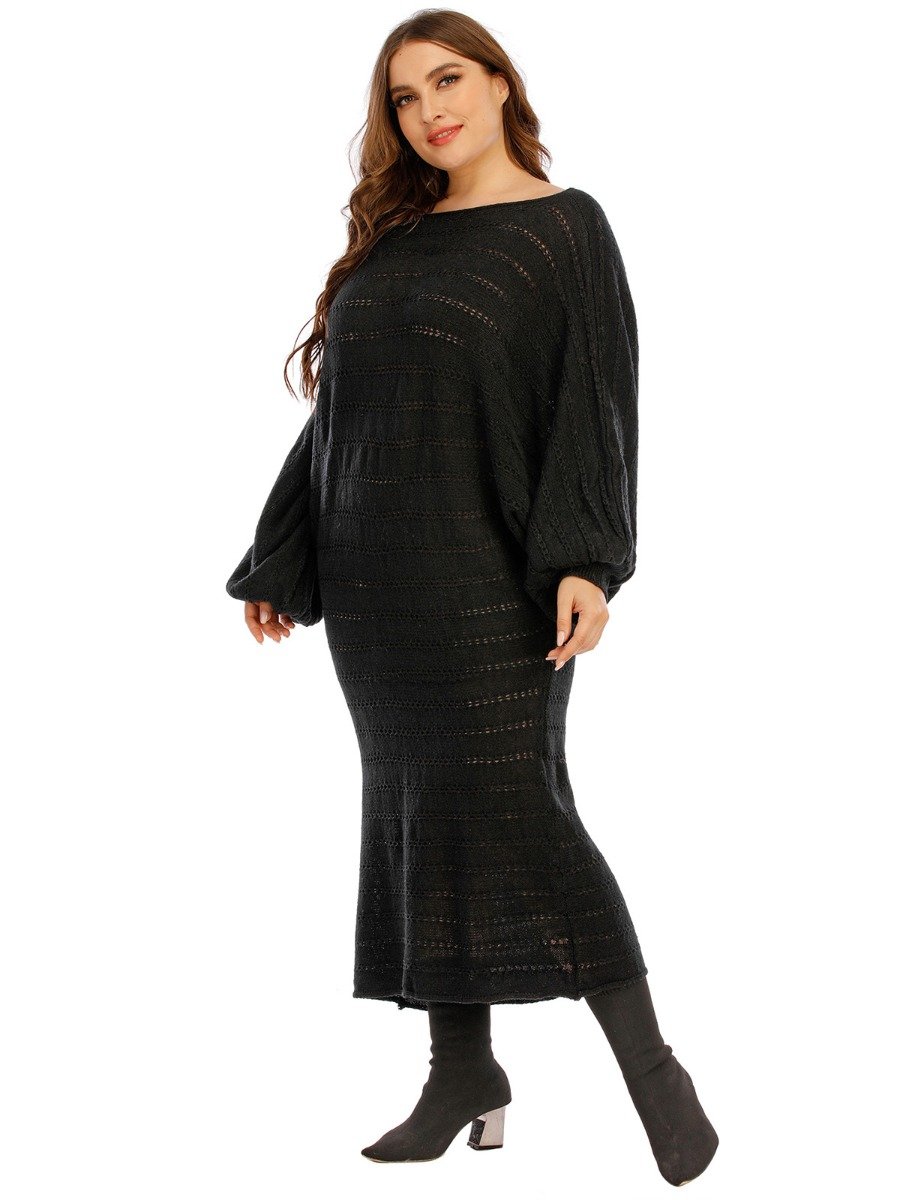Plus Woman Size Woman Batwing Sleeve Self Tie Cutout Knitting Dress