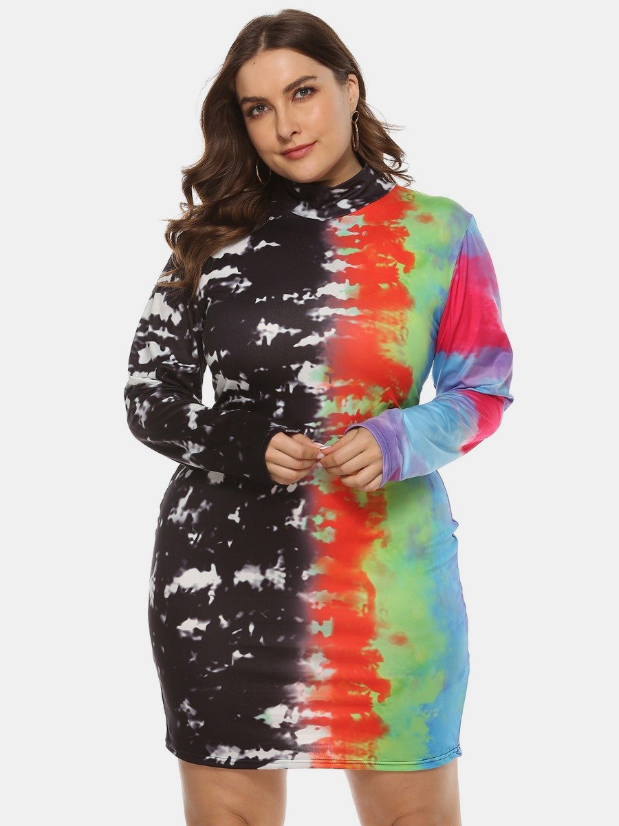 Plus Woman Size Woman Mock Nekc Tie-Dye Graffiti Tee Dress