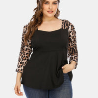 Plus Woman Size Woman Square Collar Leopard Spliced Peplum Top