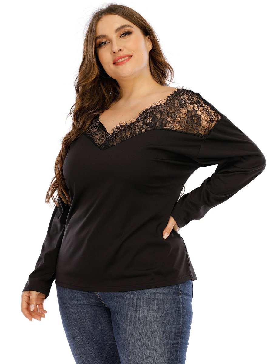 Plus Woman Size Woman V-Neck Lace Stitching Black Blouse