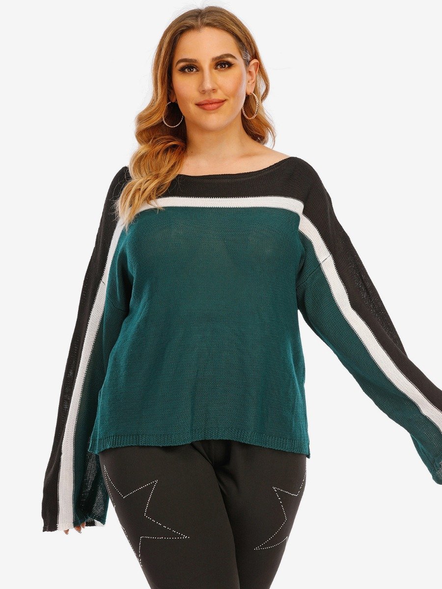 Plus Woman Size Woman Flare Sleeve Contrast Knit Top
