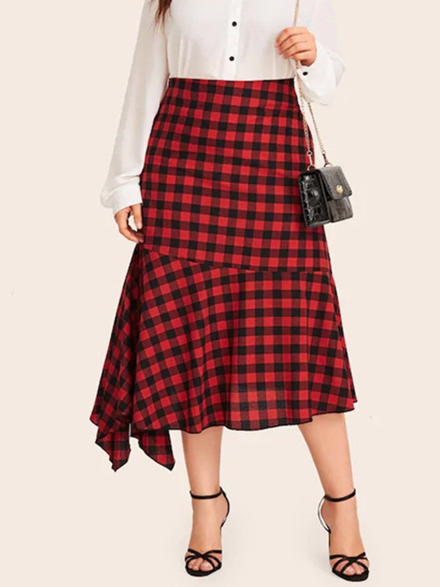 Plus Woman Size Woman Asymmetrical Hem Buffalo Plaid Skirt