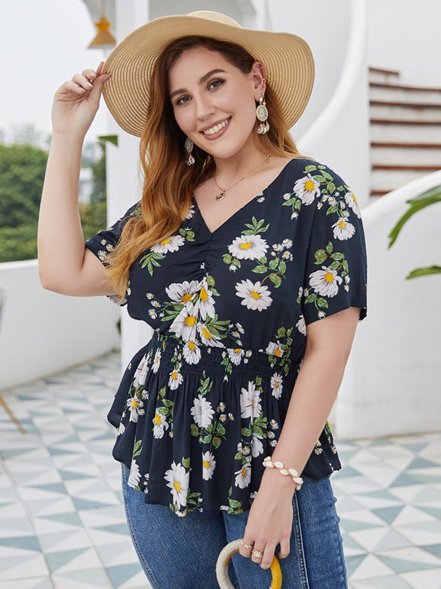 Plus Woman Size Woman V Collar Floral Print Shirred Ruffled Blouse