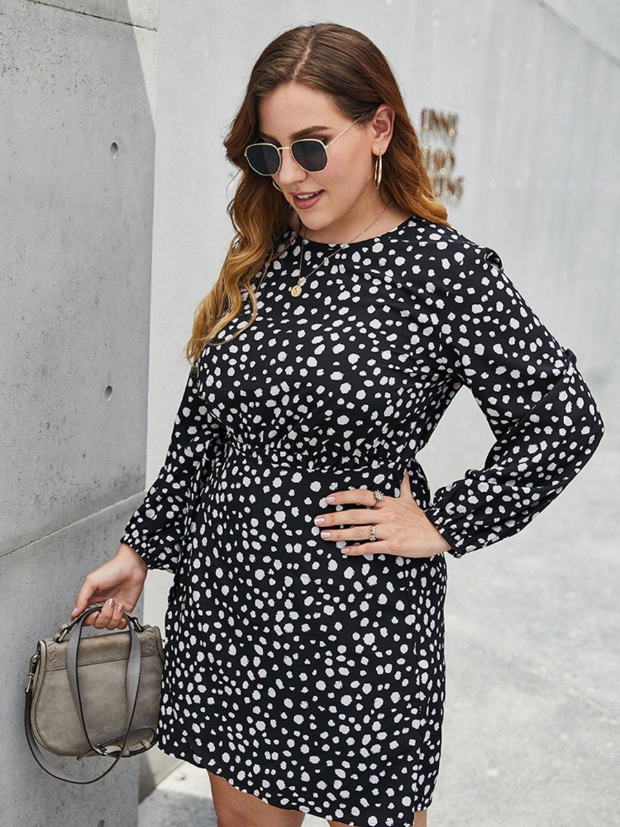 Plus Woman Size Woman Lantern Sleeve Dots Print Black Dress