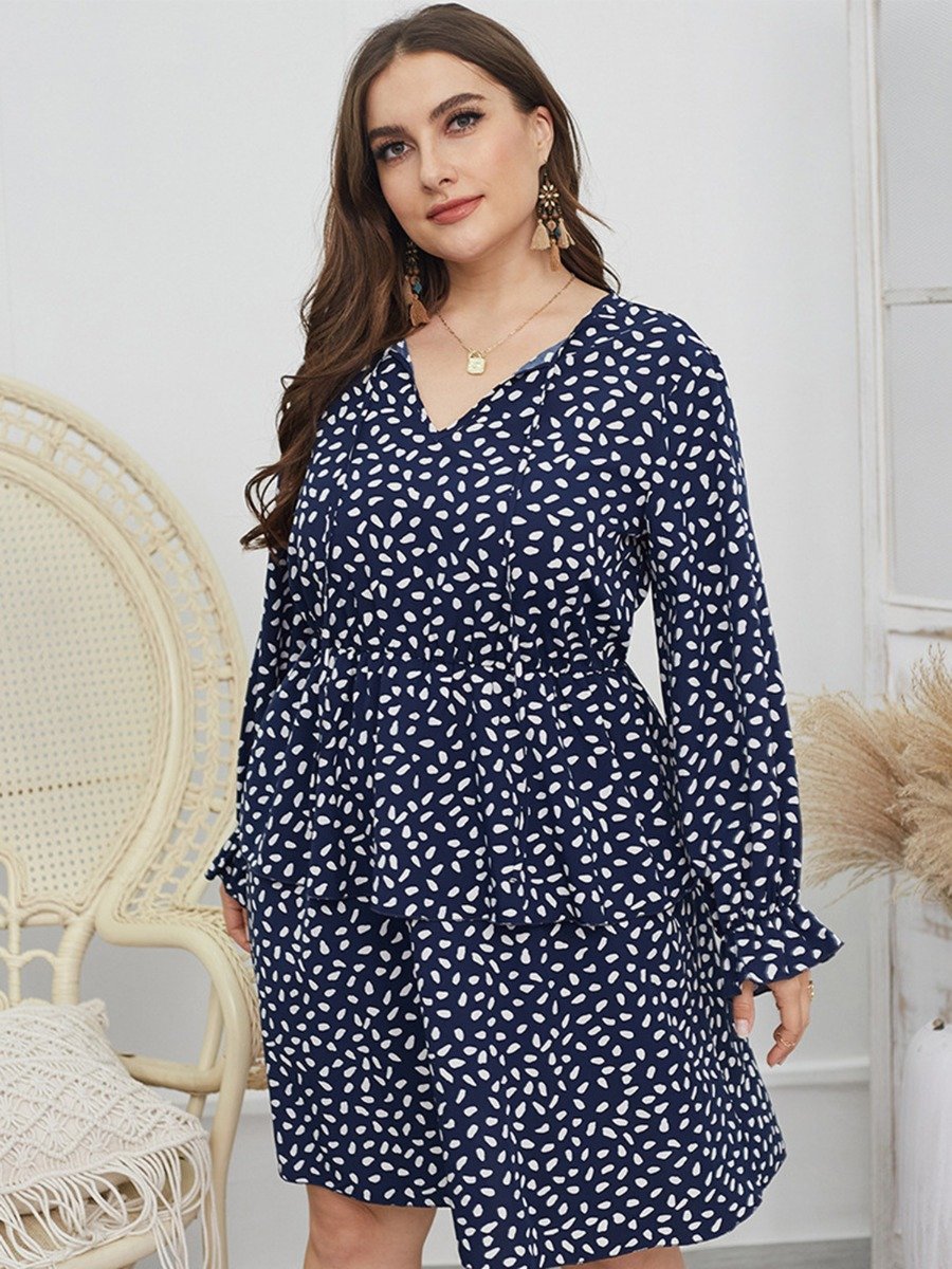 Plus Woman Size Woman Ruffle Sleeve Dots Print Layered Dress