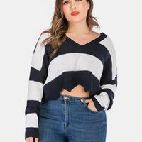 Plus Woman Size Woman Curvy Navy &Amp; White Striped Knitted Crop Top