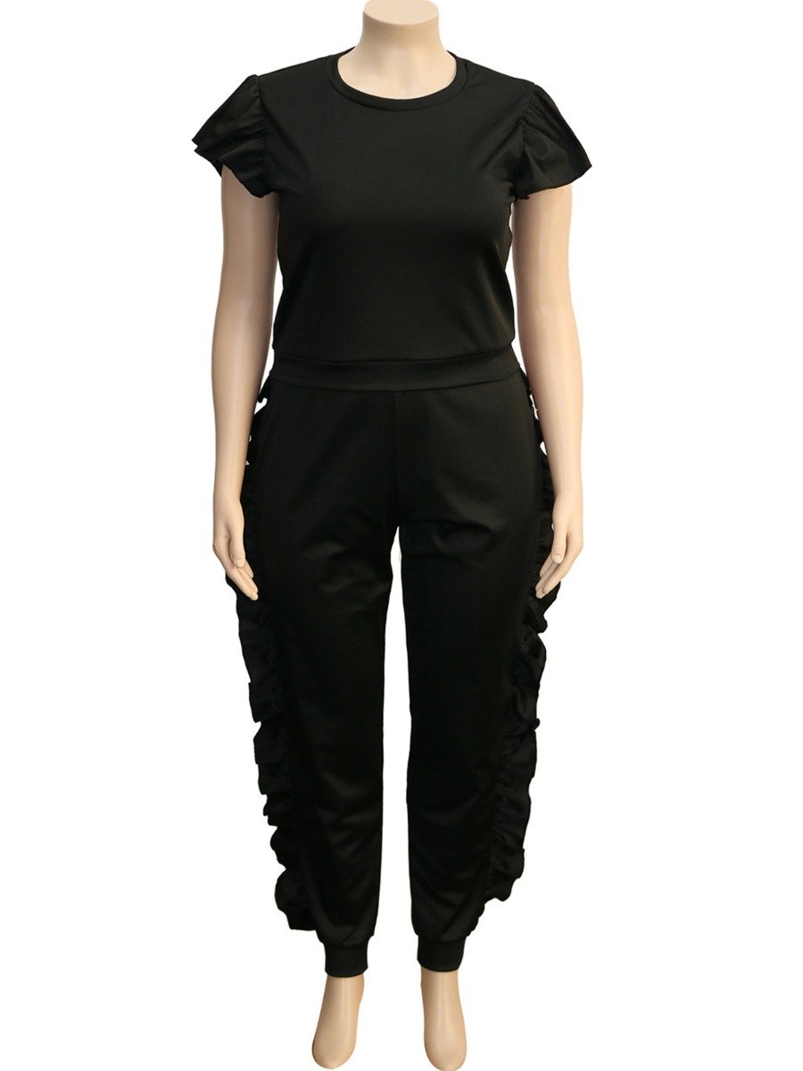 Plus Woman Size Woman Flutter Sleeve Top &Amp; Fungus Trim Pants Black Outfit