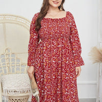 Plus Woman Size Woman Square Collar Flower Print Shirred Dress