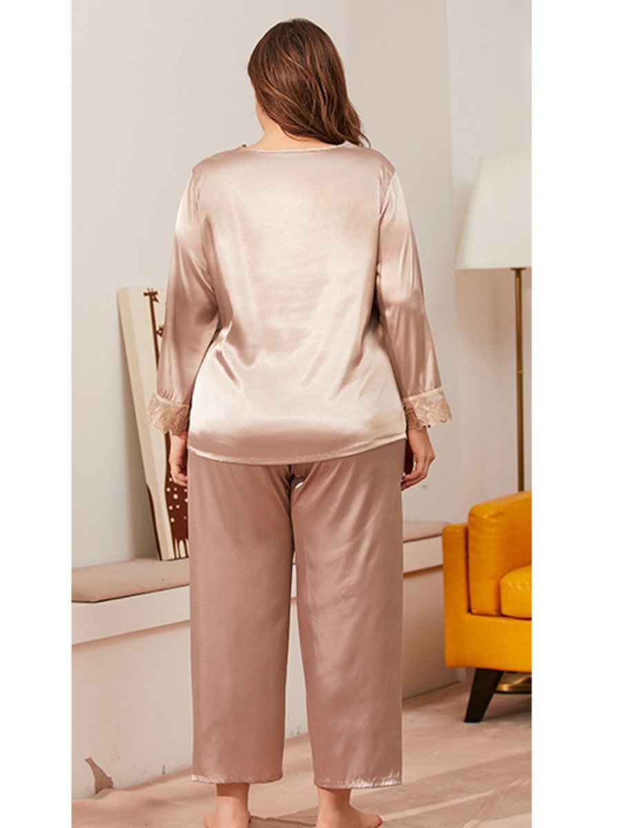 Plus Woman Size Woman Satin Pj Set Lace Scalloped Nightgown + Pants