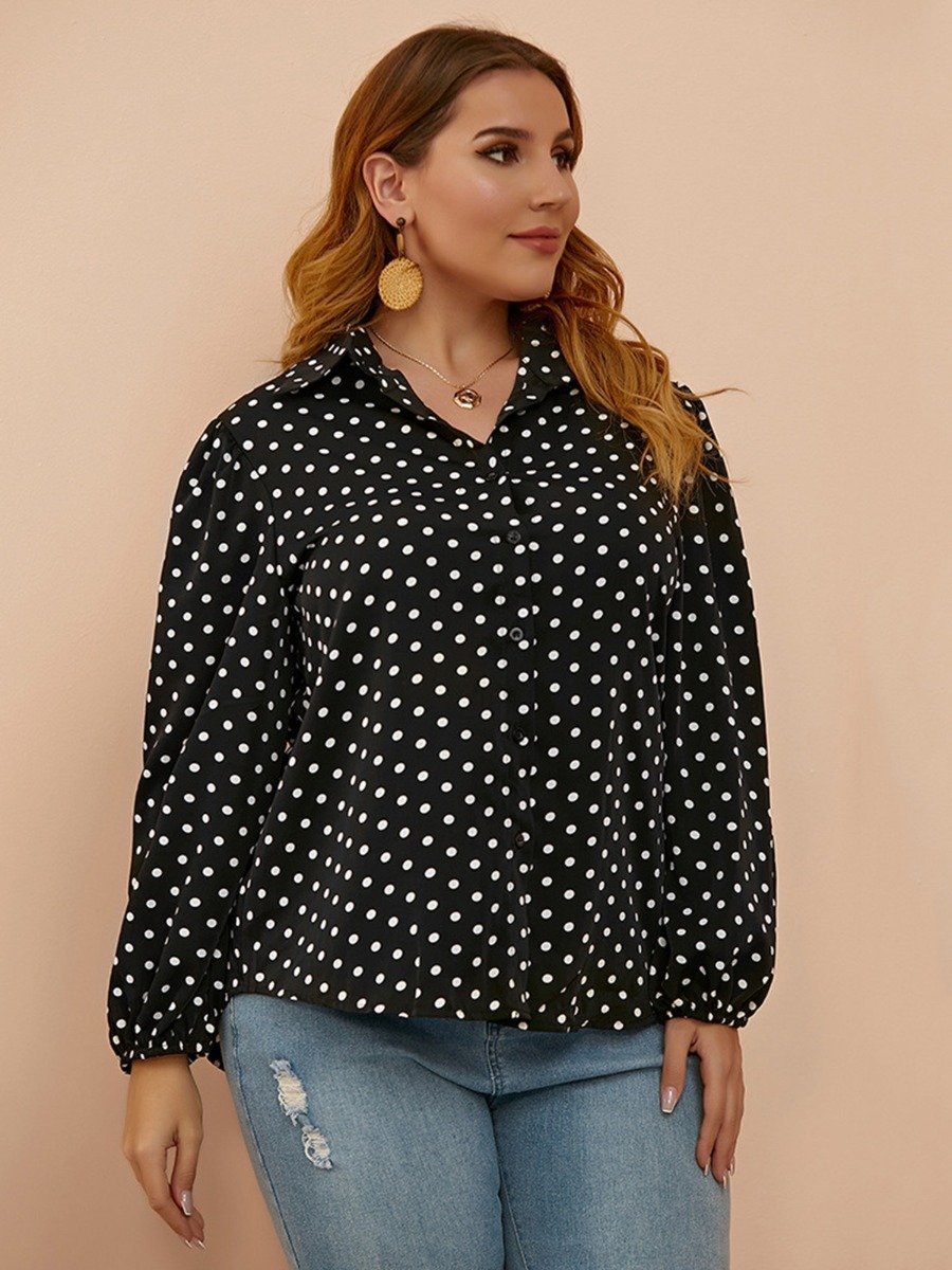 Plus Woman Size Woman Gather Sleeve Polka Dots Shirt