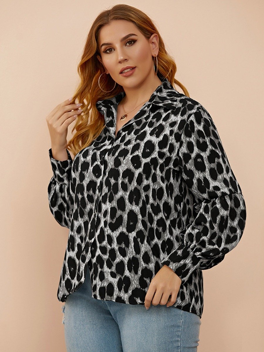 Plus Woman Size Woman Lantern Sleeve Leopard Shirt