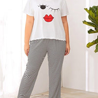 Plus Woman Size Woman Red Lip Print Tee And Stripe Pants Sleepsuit Set