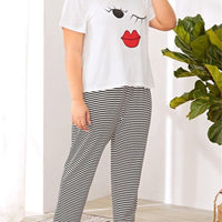 Plus Woman Size Woman Red Lip Print Tee And Stripe Pants Sleepsuit Set