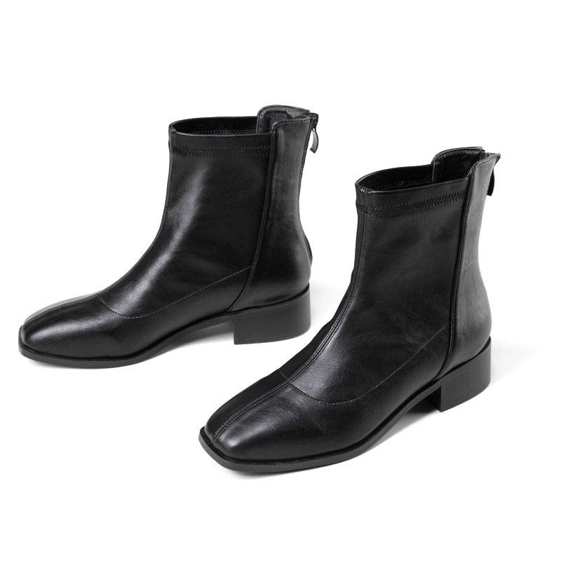 Women's Solid Color Thick Bottom Square Head Zipper Boots