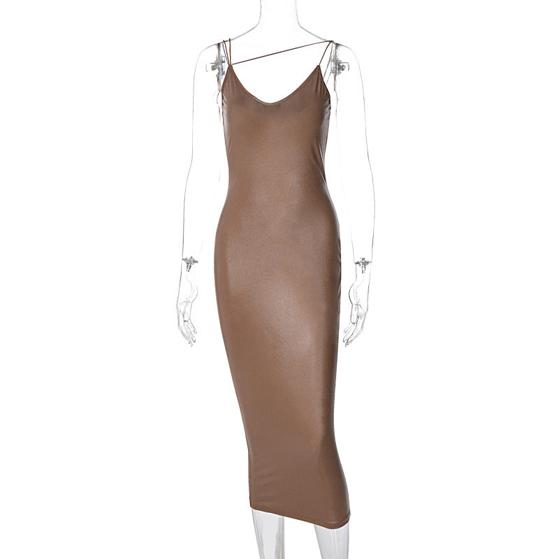 Leather Sexy Halter Dress V-neck Sleeveless Women's Dress