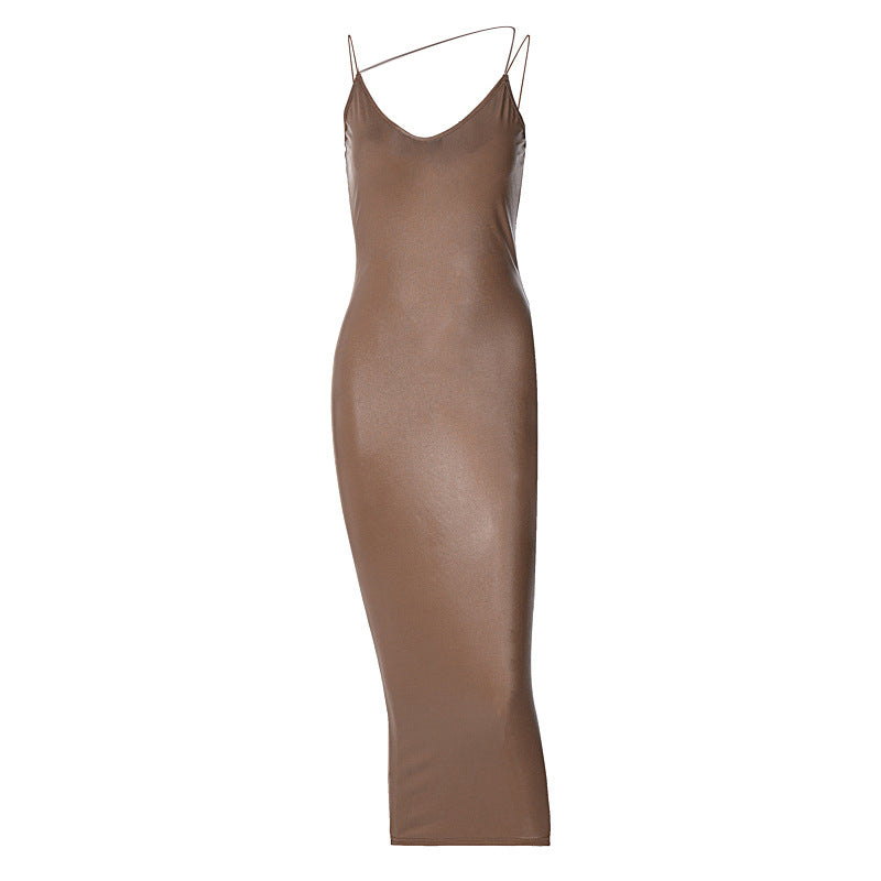 Leather Sexy Halter Dress V-neck Sleeveless Women's Dress