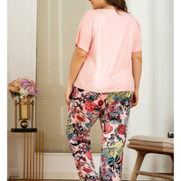 Plus Woman Size Woman Pink T-Shirt Matching Floral Pants Pj Outfit