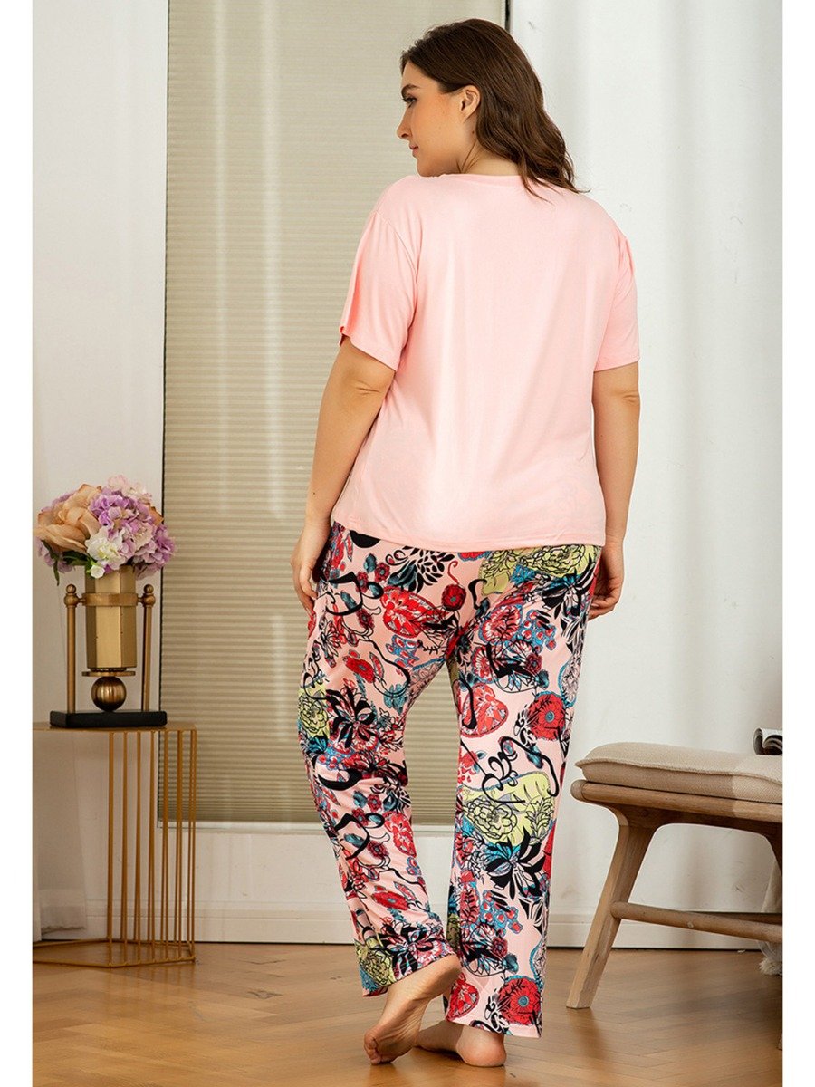 Plus Woman Size Woman Pink T-Shirt Matching Floral Pants Pj Outfit