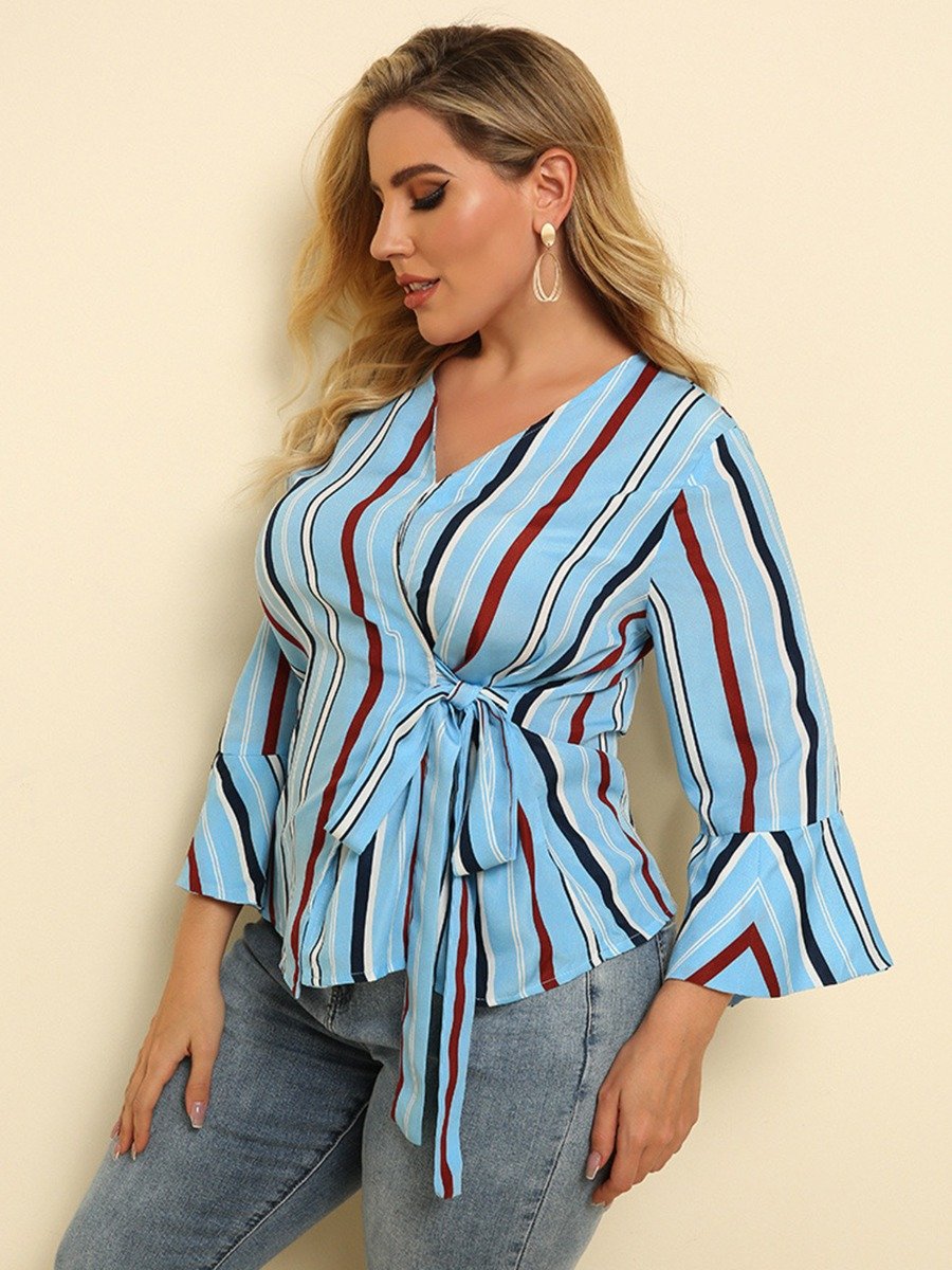 Plus Woman Size Woman Contrast Color Belted Stripe Shirt