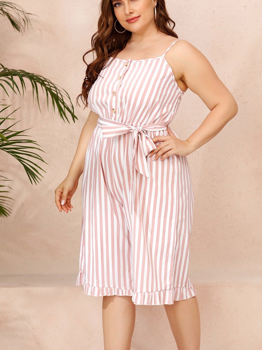 Plus Woman Size Woman Belted Striped Ruffled Cami Romper