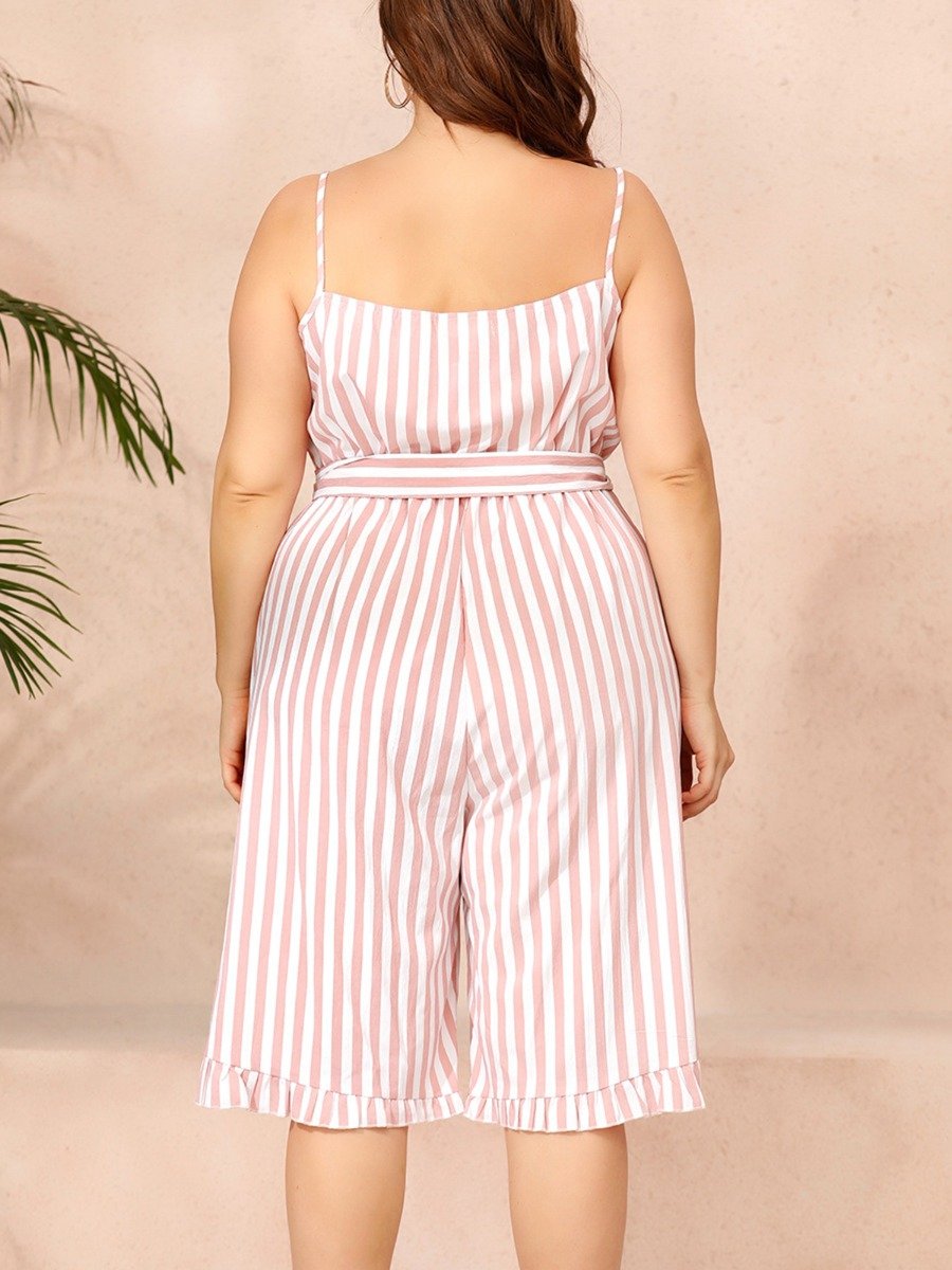Plus Woman Size Woman Belted Striped Ruffled Cami Romper