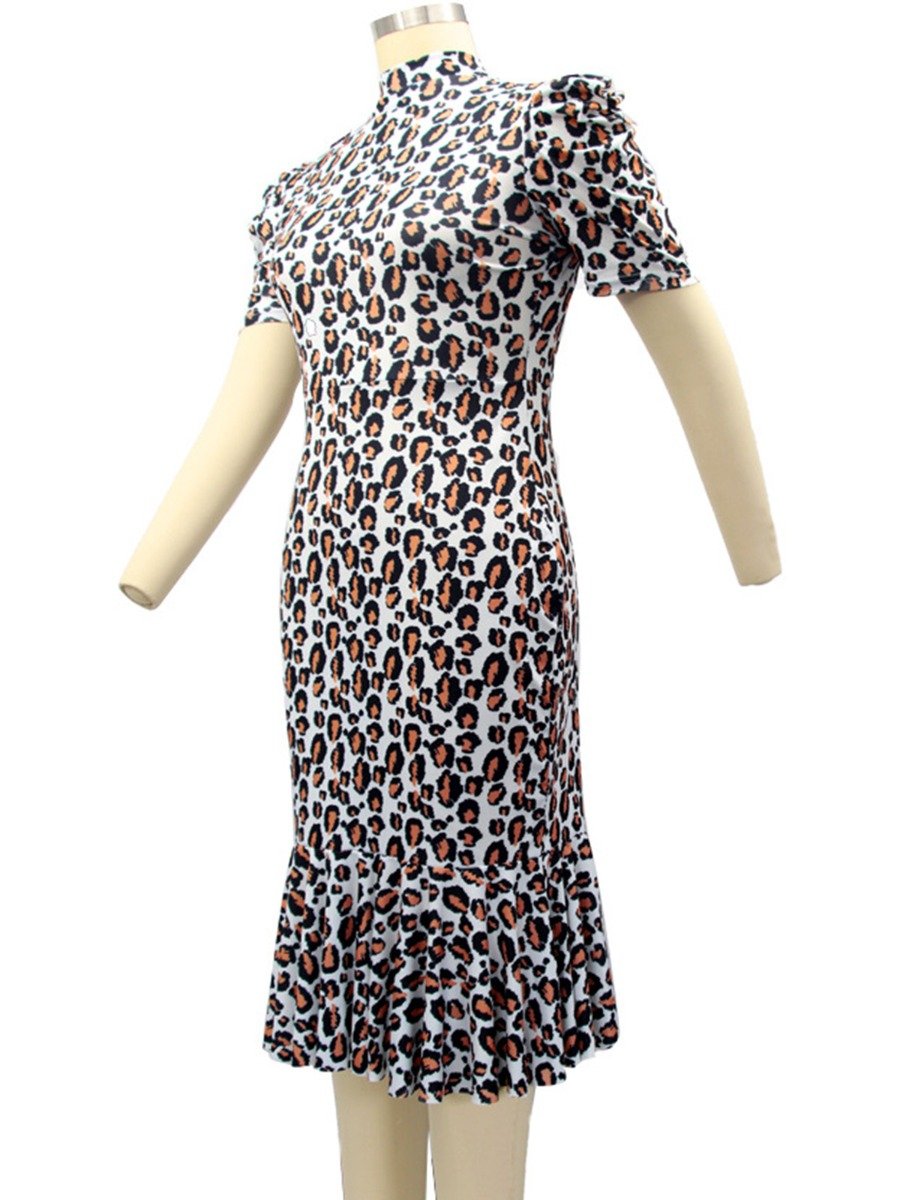 Plus Woman Size Woman Ruffle Hem Leopard Print Bodycon Dress