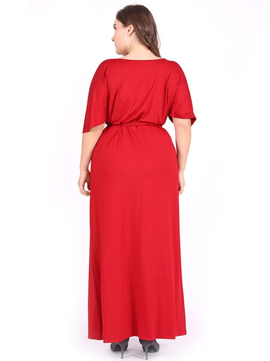 Plus Woman Size Woman Cape Sleeve V-Neck Belted Dress